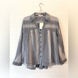 Skies Are Blue Cotton Navy Blue White Gingham Plaid Button Up Blouse NWT Size S
